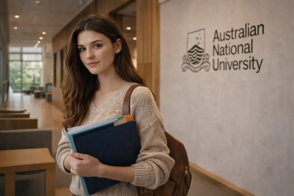 دانشجوی دختر بین‌المللی در فضای سرپوشیده دانشگاه ملی استرالیا با پوشه مدارک پذیرش در دست