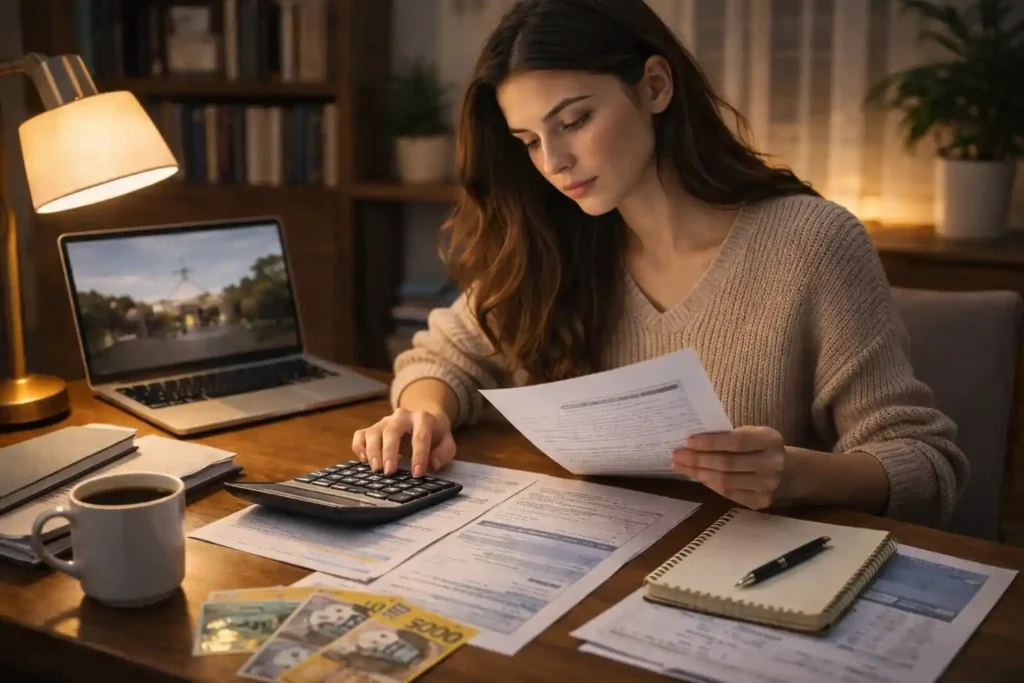 دانشجوی دختر در حال بررسی هزینه‌های تحصیل و برنامه‌ریزی مالی برای دانشگاه ملی استرالیا با ماشین‌حساب و مدارک