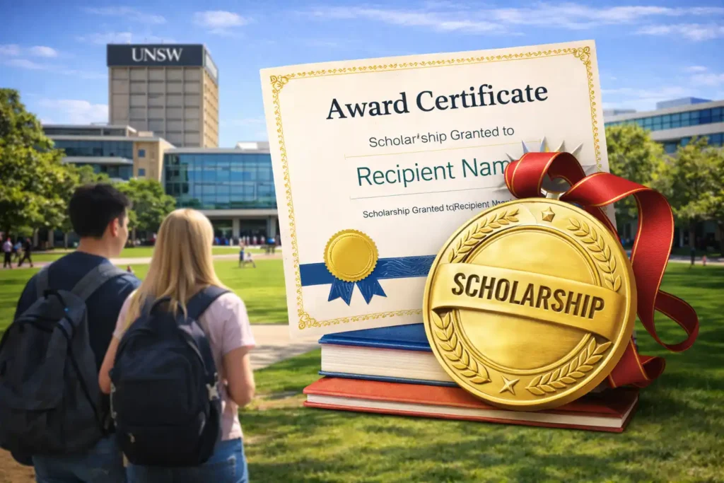 بورسیه‌های دانشگاه نیوساوت‌ولز سیدنی UNSW برای دانشجویان بین‌المللی با نماد مدال، گواهی بورسیه و فضای پردیس دانشگاه
